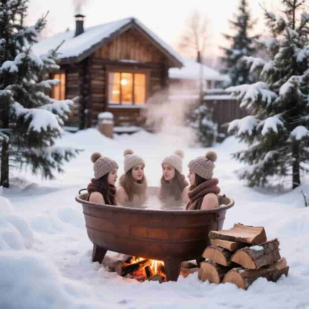 4 женщины в купели на дровах зимой на фото
