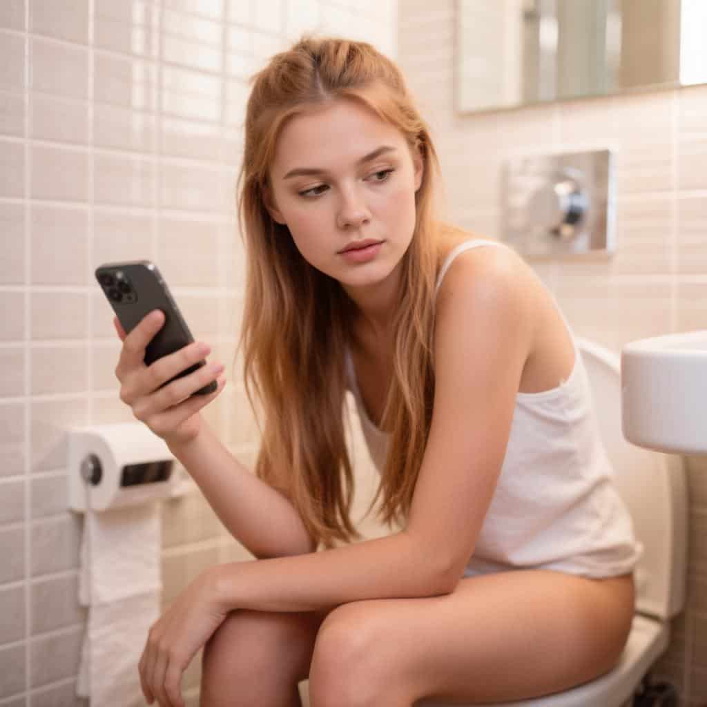женщина, сидящая на крышке унитаза и листающей смартфон на фото