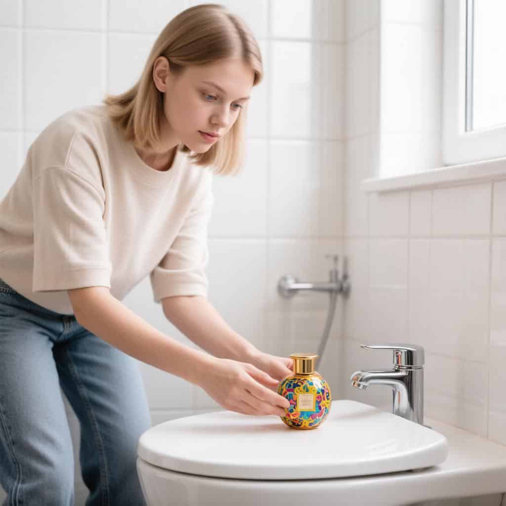 женщина устанавливает ароматизатор в унитаз на фото