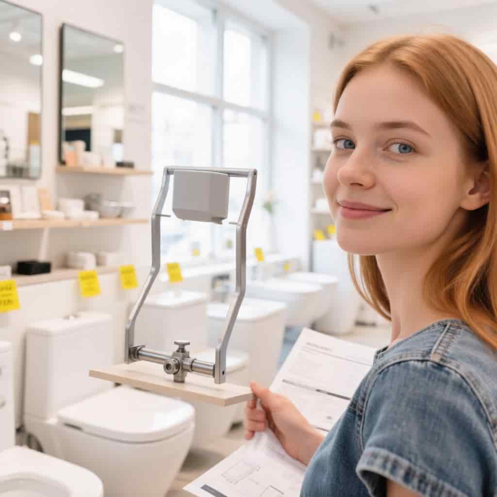 женщина выбирает в магазине инсталляцию для унитаза на фотографии